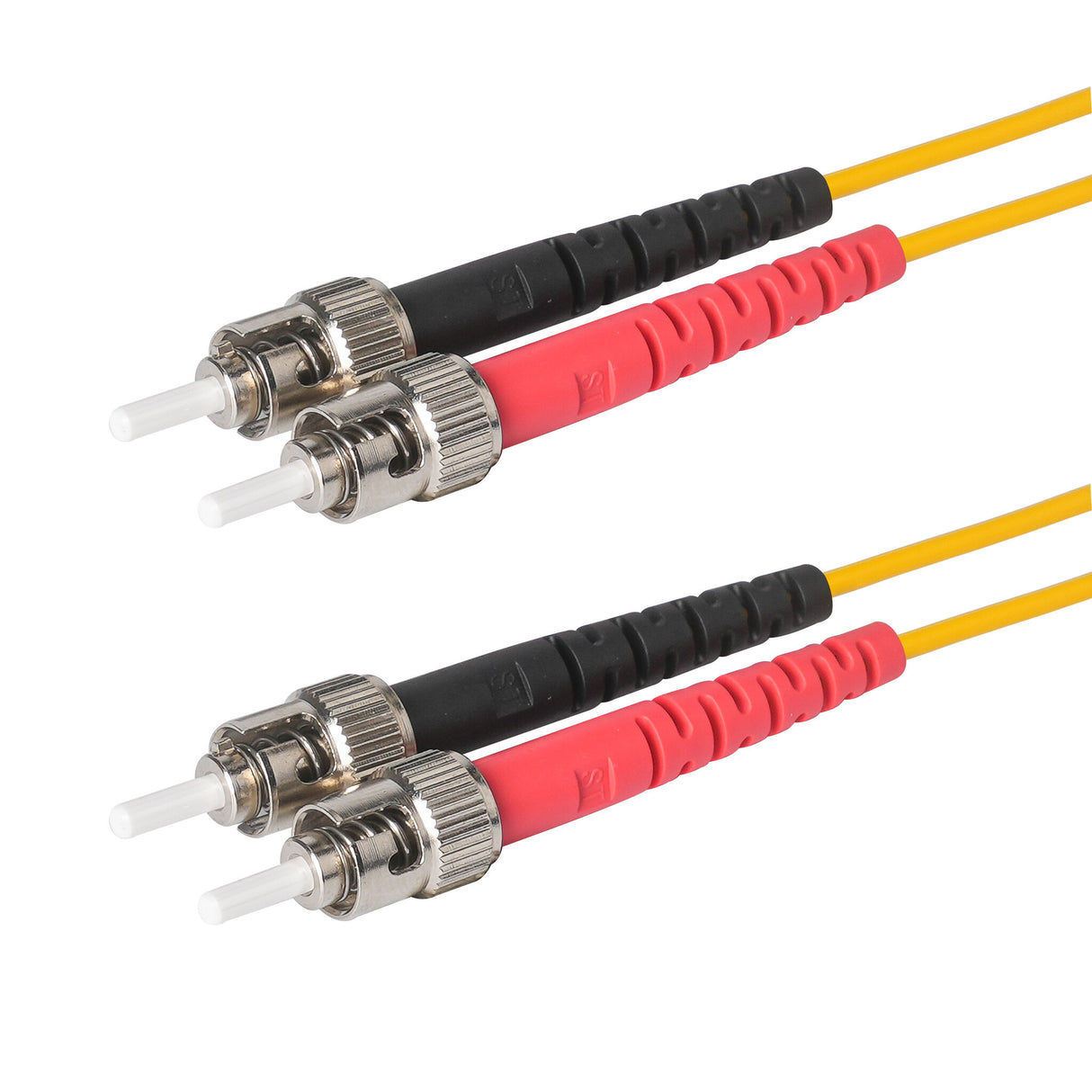 0.2dB ST/UPC to ST/UPC Single-mode Duplex Fiber Patch Cable | Corning SMF-28 Ultra Fiber | Red and Black Boots | OS1/OS2 Compatible | OFNR Jacket