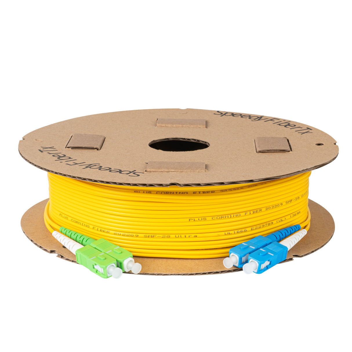 0.2dB SC/APC to SC/UPC Single-mode Duplex Fiber Patch Cable | Corning SMF-28 Ultra Fiber | Green, Blue and White Boots | OS1/OS2 Compatible | OFNR Jacket